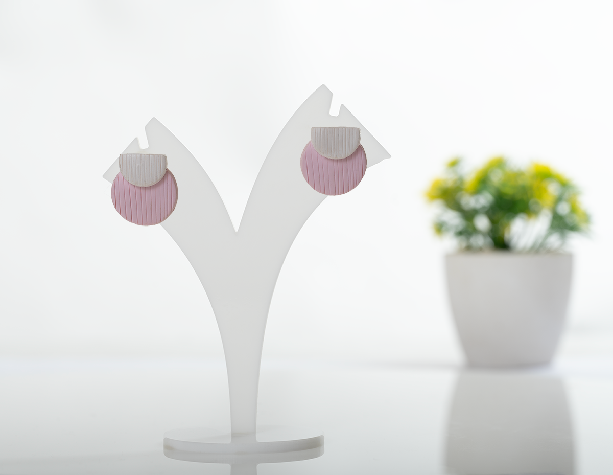 Pink and White Half Moon Studs