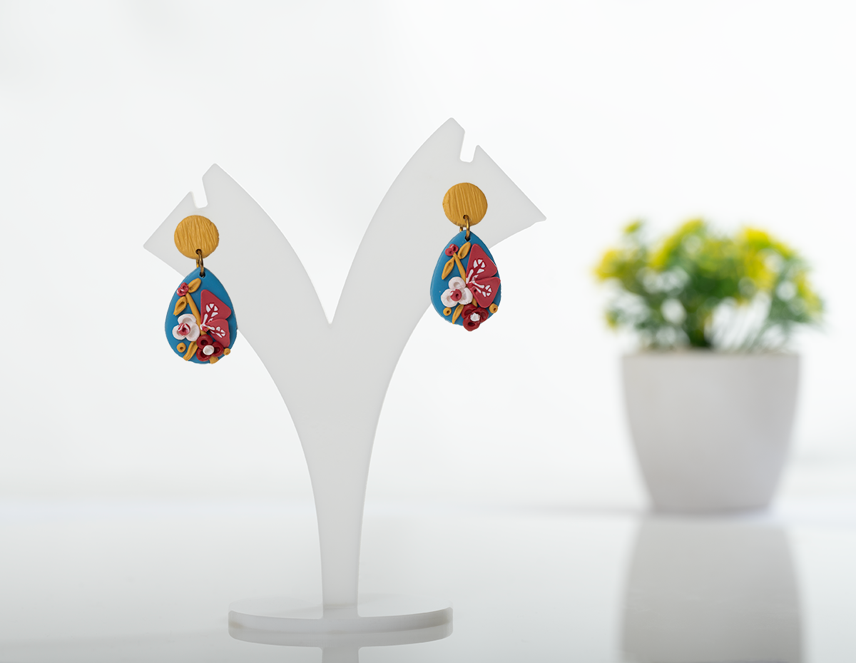 Blue Teardrop Floral Earrings