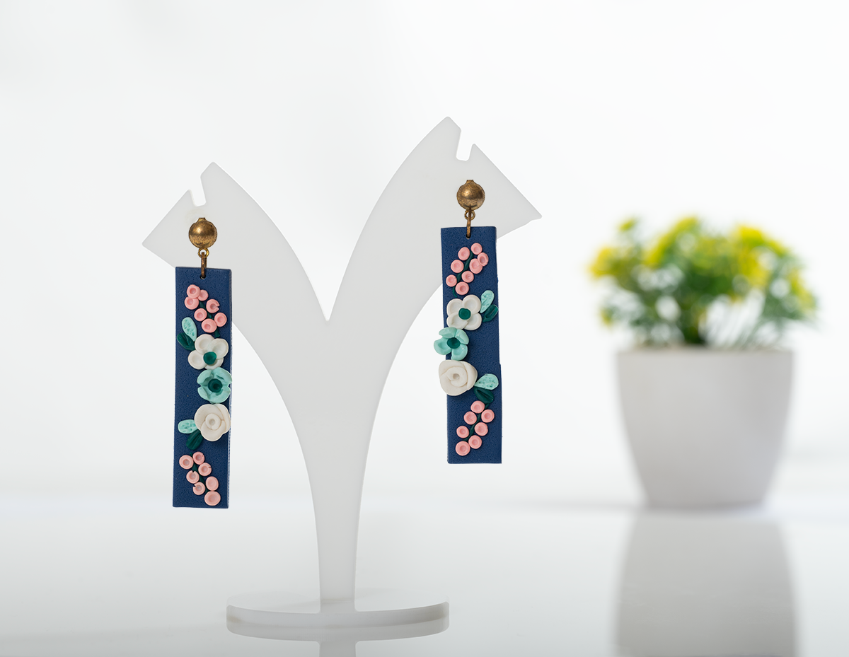 Navy Floral Bar Earrings