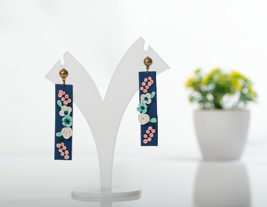 Navy Floral Bar Earrings